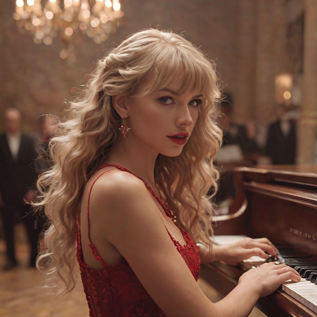 Blonde Woman Playing Piano Looking at Me