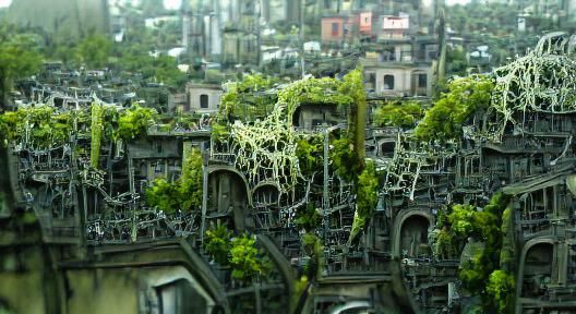 Overgrown city covered in vines and moss