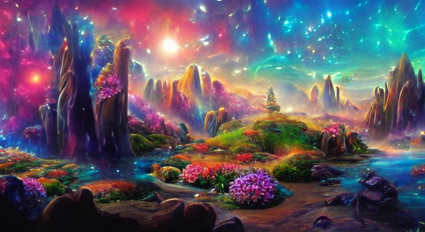Iridescent Sci-Fi Zen Garden Under Cosmic Sky