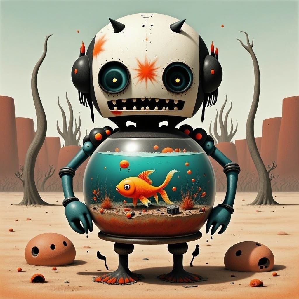 <lora:AVADA KEDAVRA:1.0> Cute robot holding a fishbowl with golfish in it in an apocalyptic desert 