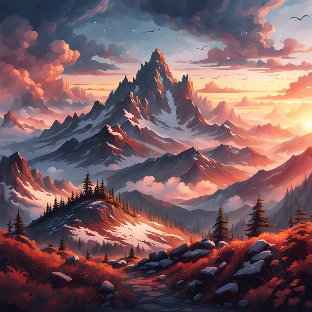 Mountain Sunrise Watercolor Painting Above Clouds