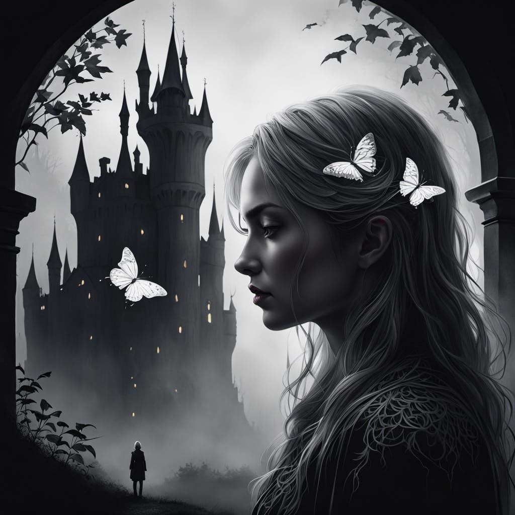 This is an atmospheric fantasy-style image dominated by dark and muted tones, creating a sense of a fairy tale or mysticism.
In the foregrou...