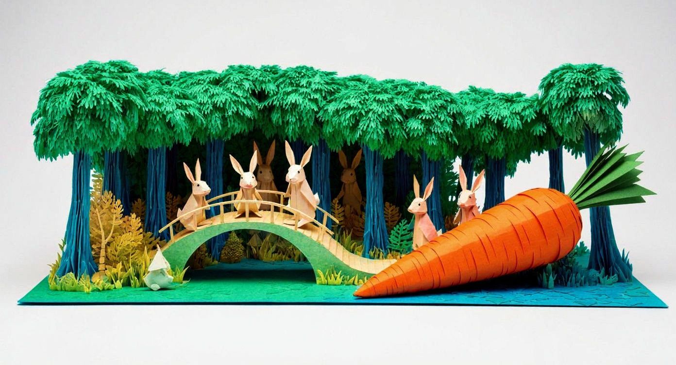 Rabbits discovering a massive CARROT | 3D Papercraft Google Imagen 4.0 Fast - Flux Kontext Edit - Clarity Upscale 20%)
