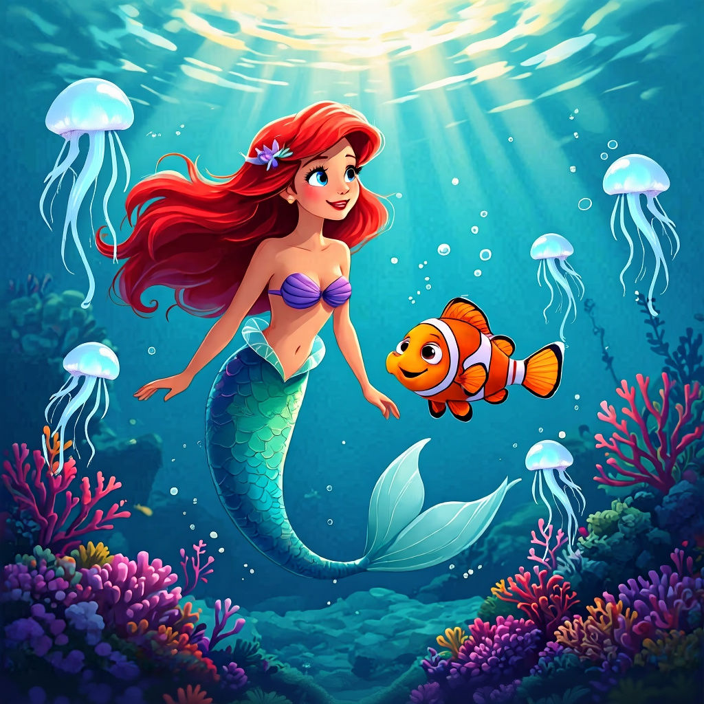 a mermaid with nemo with sunshine under the sea.