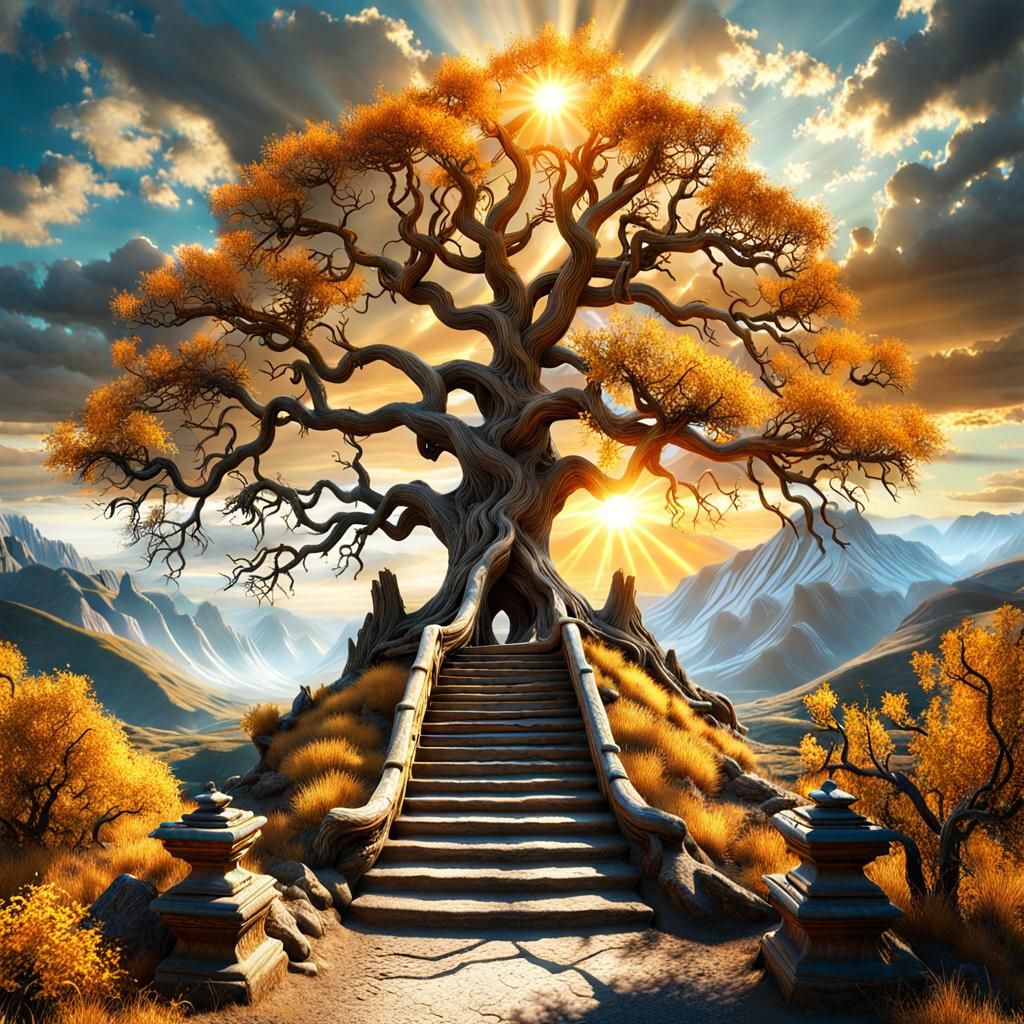 eerie wasteland  ((only thing alive is the world tree that touches the sky )),lower mountains and river ...  by @Steven 