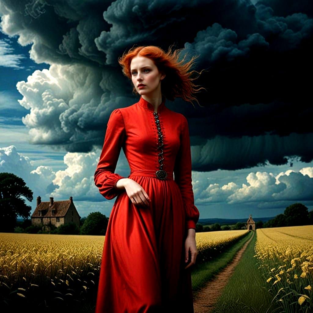 Mystical Medieval Lady in Ominous Stormy Landscape