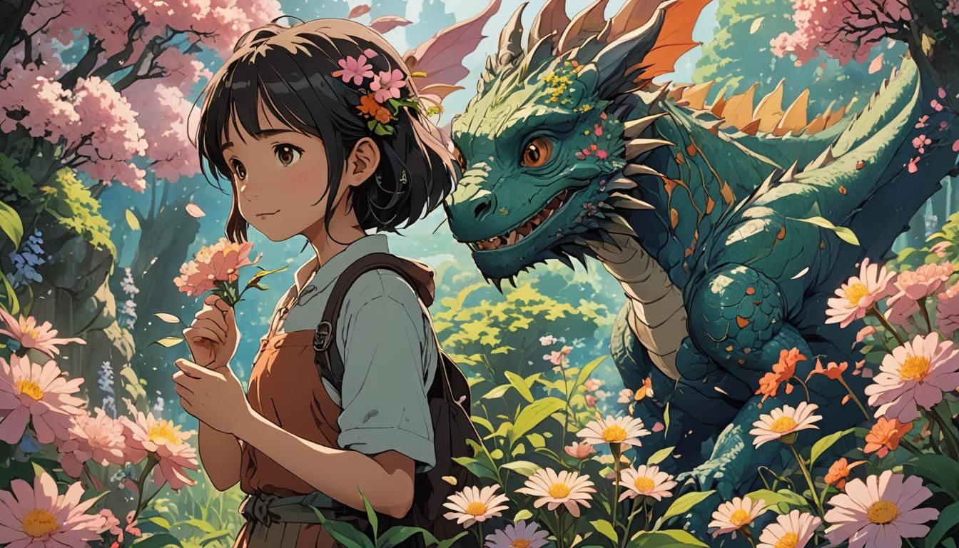 A girl with cute little   dragon, likes flowers  Ink Drawing...