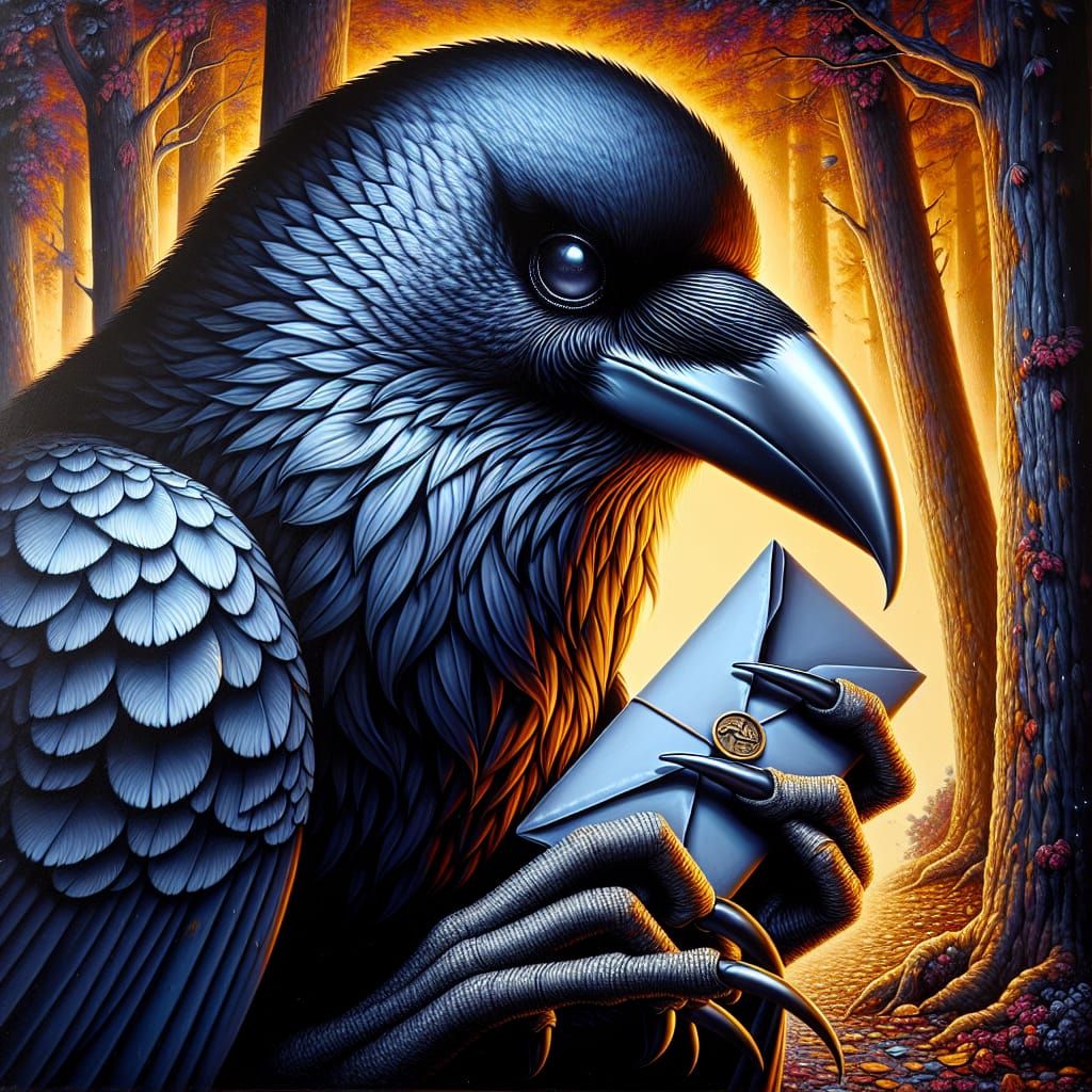 A majestic  richly detailed black raven clutching a sealed l...