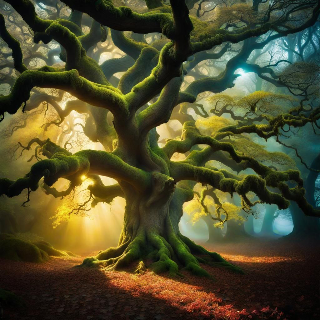 a beautiful landscape with an ancient mystical tree in, Stable Diffusion