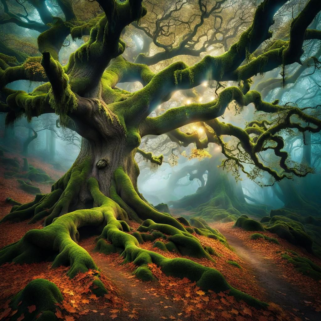 a beautiful landscape with an ancient mystical tree in, Stable Diffusion