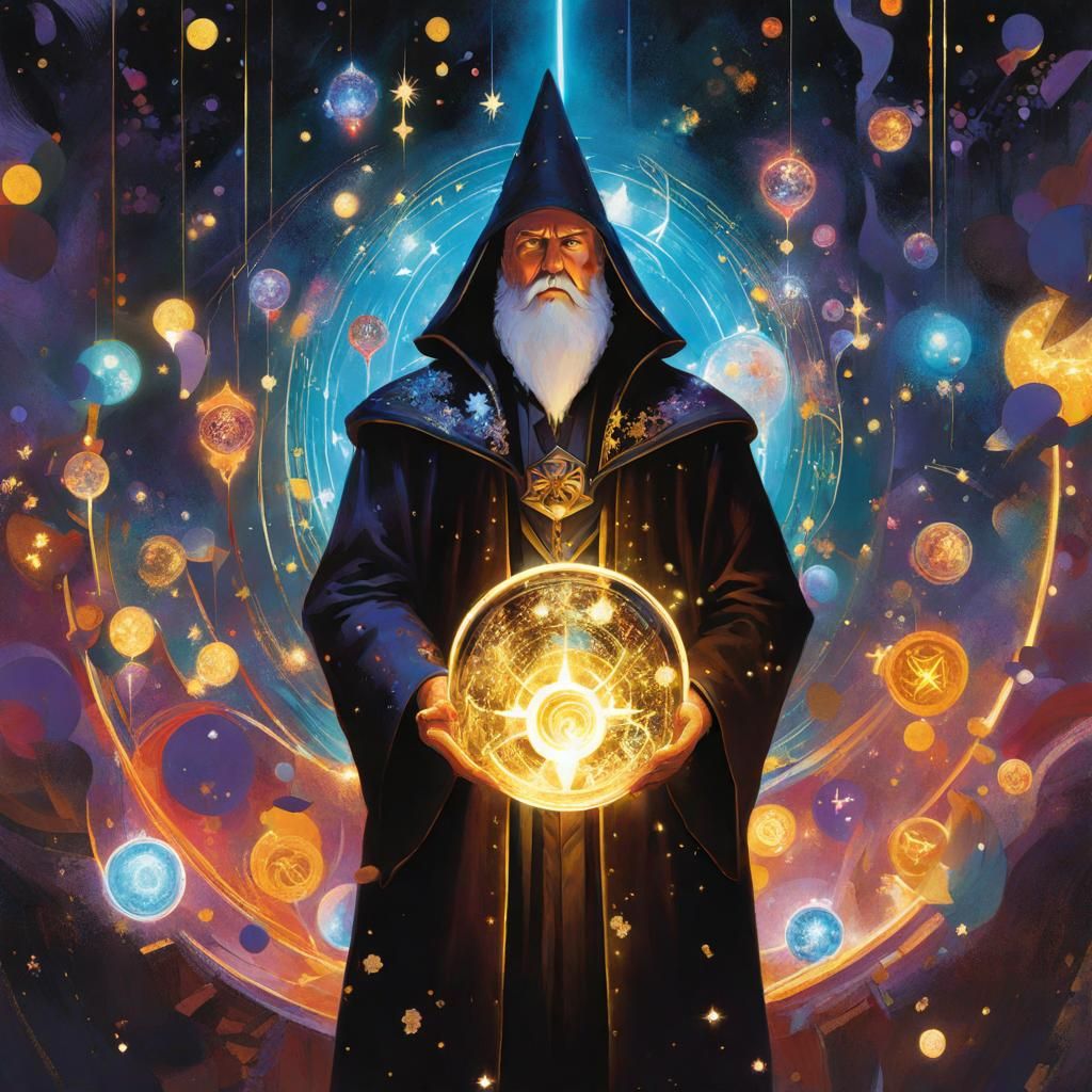 by Rafael Albuquerque, portrait of a wizard surrounded by gl...
