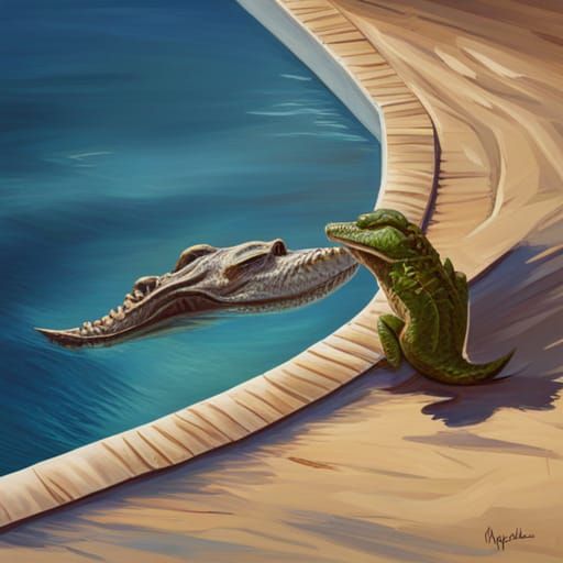 crocodile in the pool, horror art, oil painting, crocodile i...