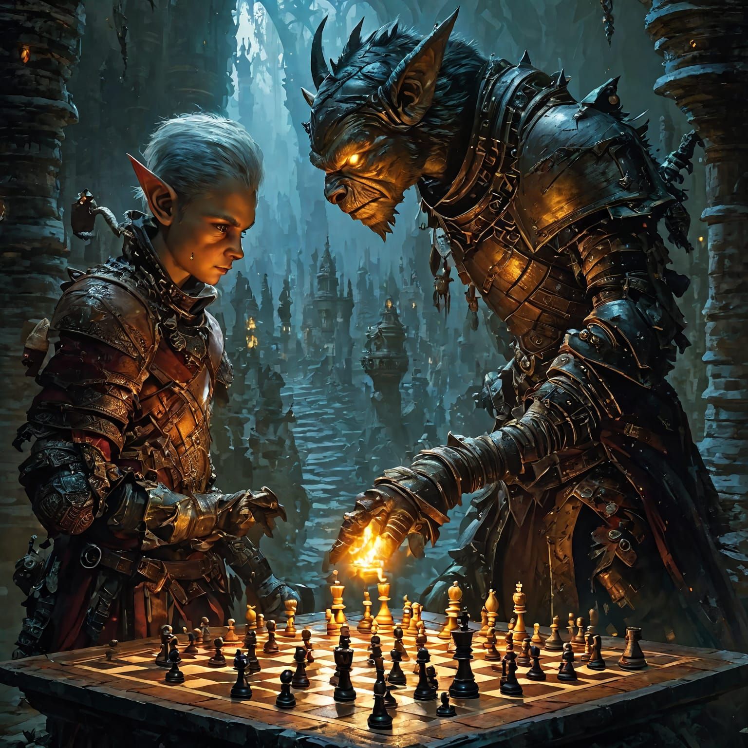 An image a fantastical, intricate chess match (Uploaded)