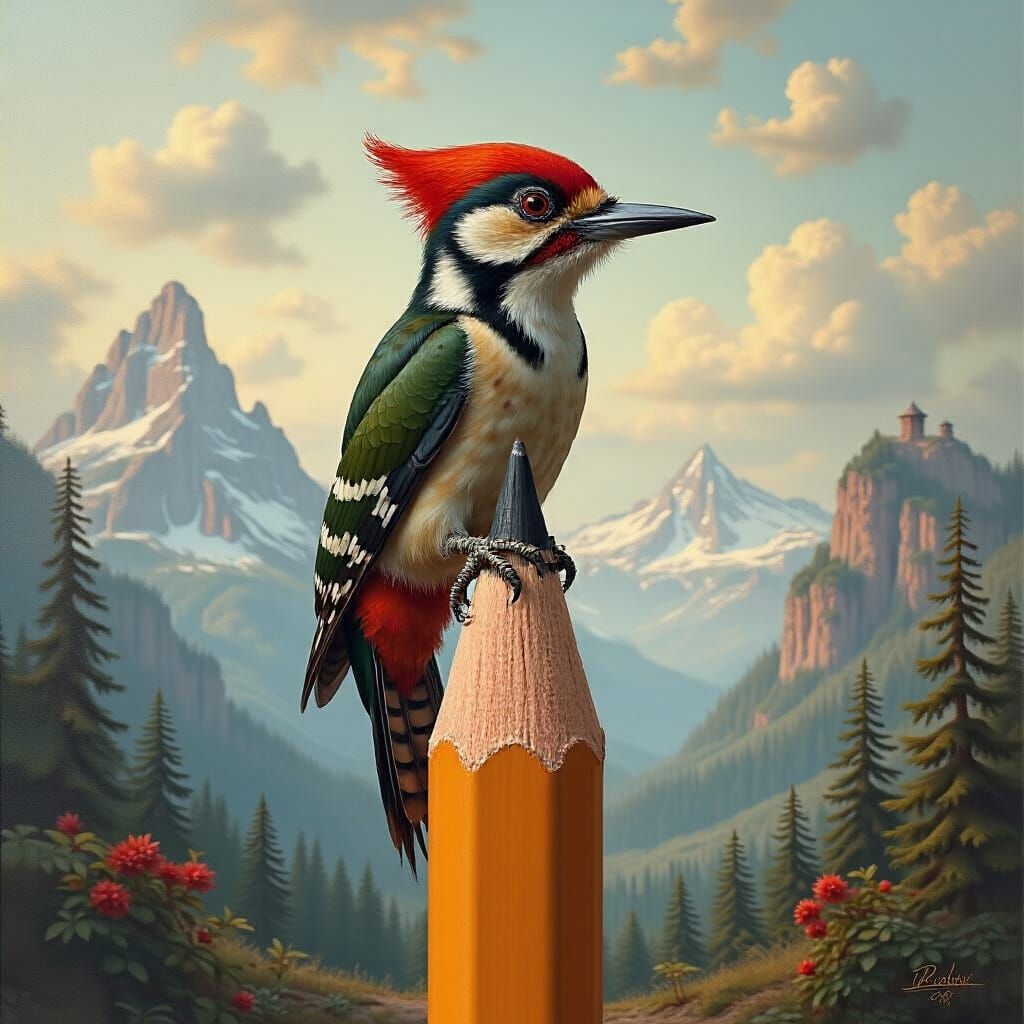 A wooden woodpecker on a pencil