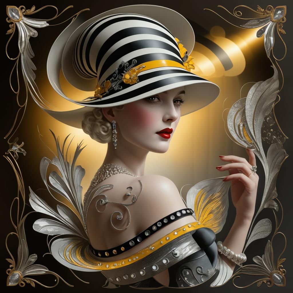 A woman with a fluttering hat with black and white striped p...