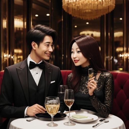 Two aliens on a date in a fancy restaurant.