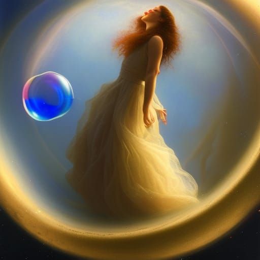 woman floating inside a trasparent bubble, painting by Edwar...