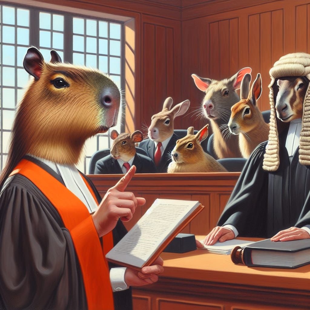 Capybara girl works as a lawyer in court, she is suing poachers and shows a paw in the direction of the corrupt judge - a hare in a robe wit...