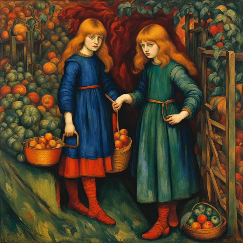 Style of Dante Gabriel Rossetti, two girls watching goblins ...