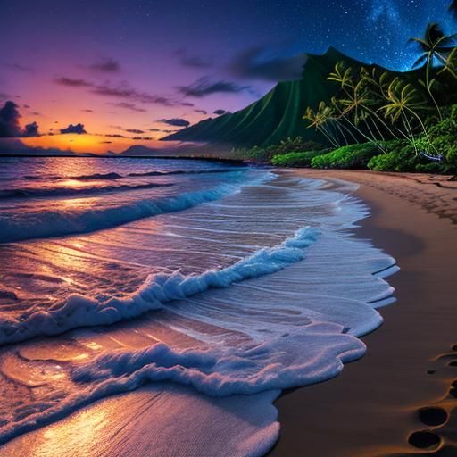 5 Words, 100% Prompt Weight Challenge: ultrarealistic stunning Hawaiian beach night