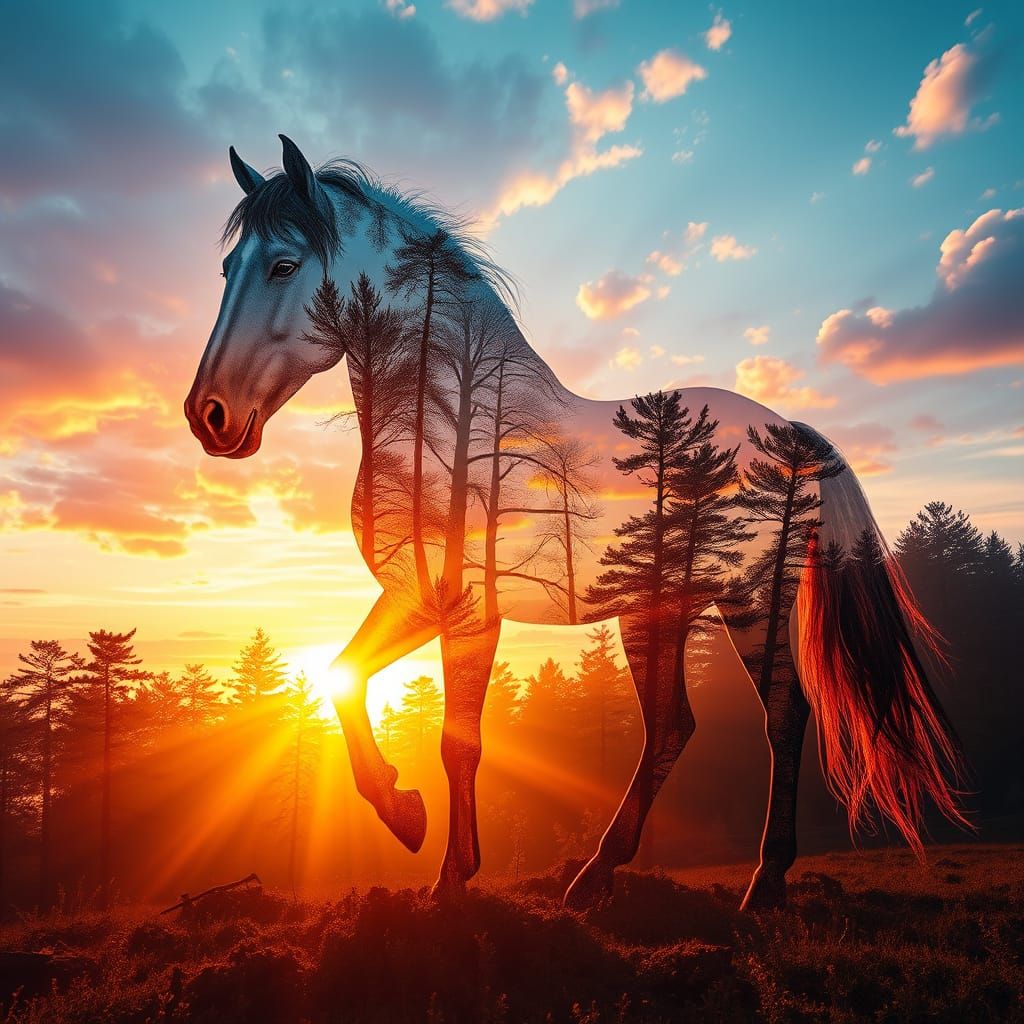 a double exposure close up of a see through horse shape with a lush forest sunset behind, hyperrealistically ...  by @Pinto