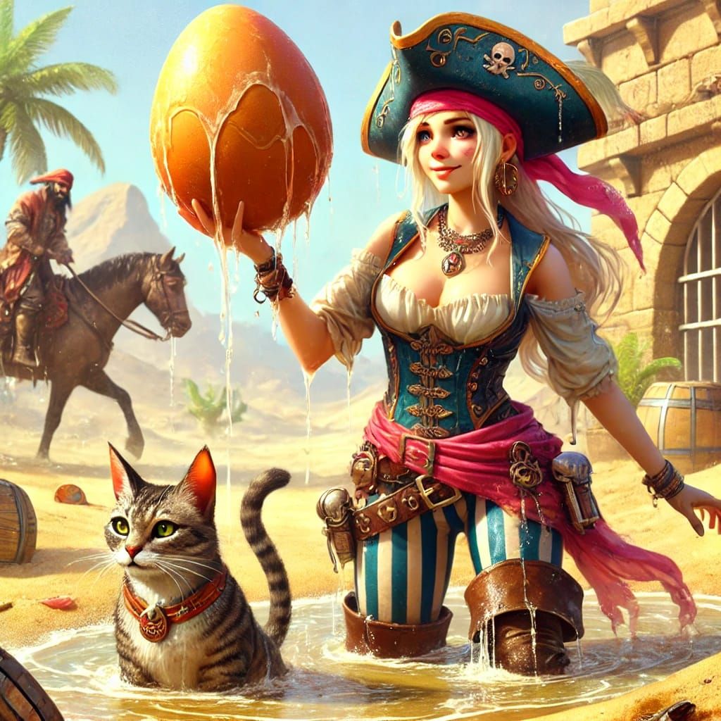 A pirate woman find an egg in the desert's oasis