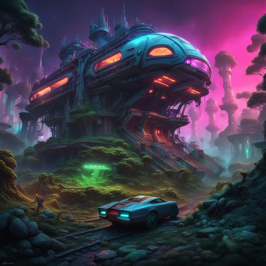 Uma grande espaço nave futurista está abandonada em meio a f...