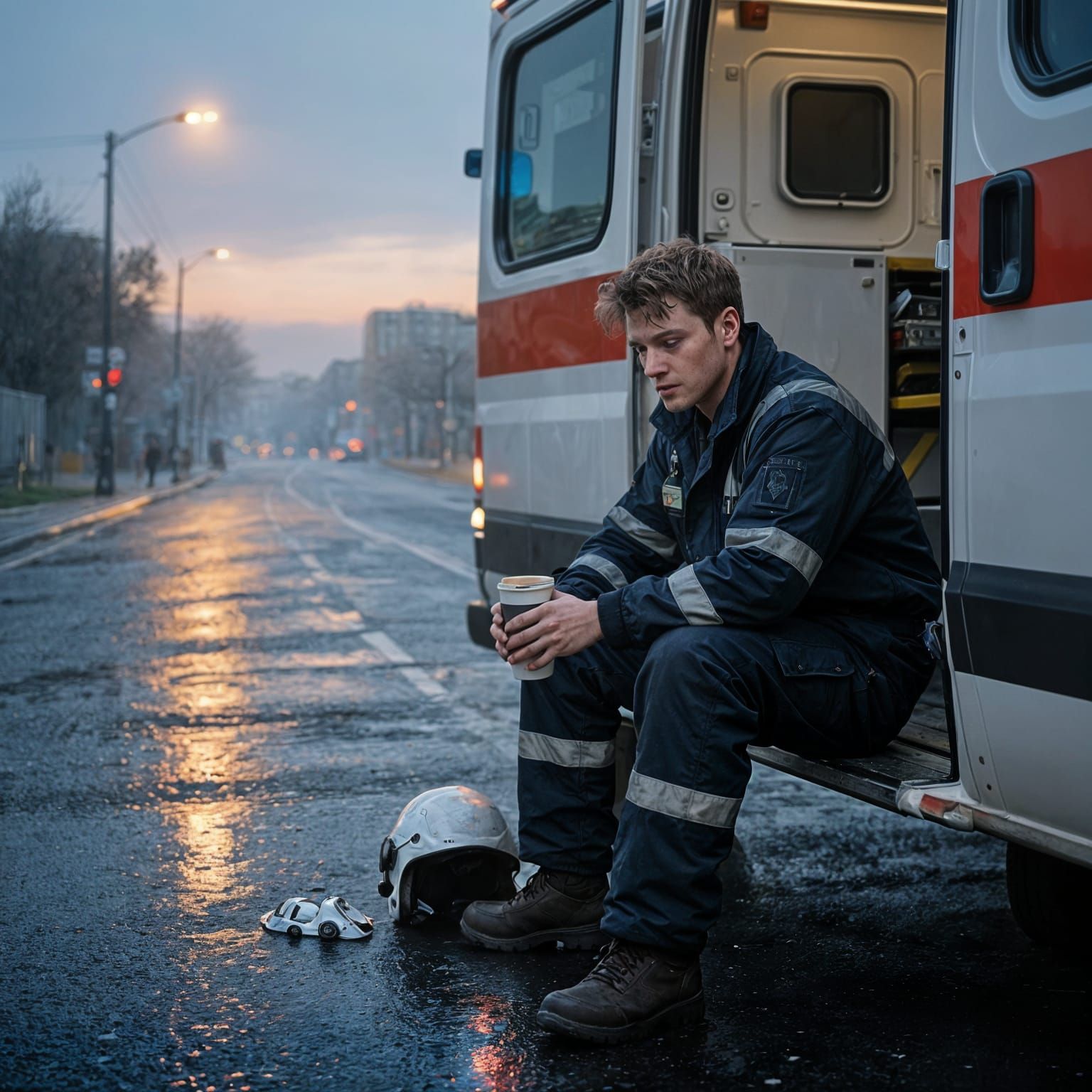 Ultra-realistic, ultra-photographic “in-between moment” captured just after a long night shift: a young ...  by @Ignacio Juan de Castro Perez