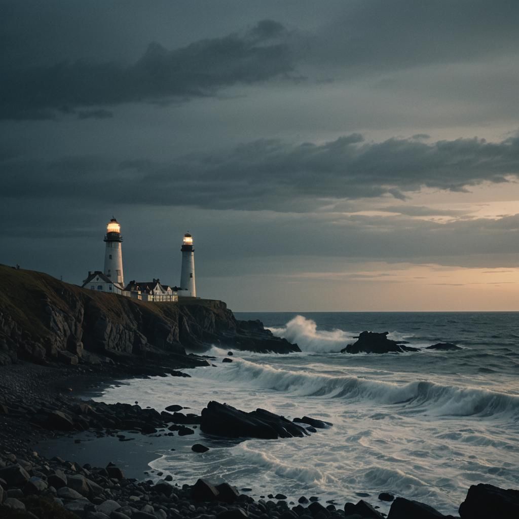 Dramatic Coastal Scene at Night in Cinematic Style