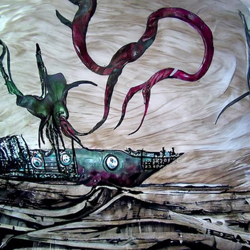 Lovecraftian giant squid dragging a pieate ship underwater, ...