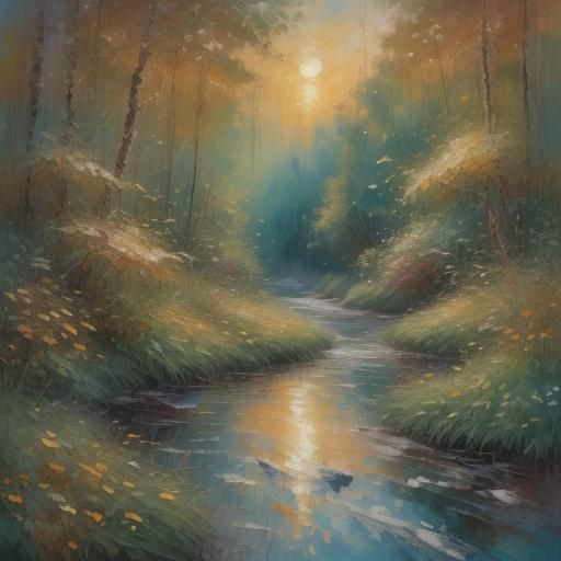 <lora:BeautyInEachStroke:1.0> A small canoe sailing in a rainforest at sunset (gap in the trees), beautiful,  vibrant, mellow colours, rich...