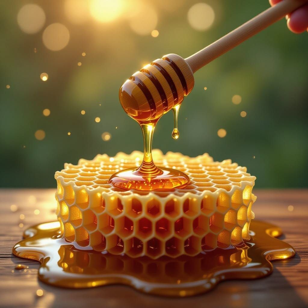 hyper-realistic honeycomb backdrop. wooden honey dipper dripping 