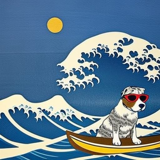 a dog with sunglasses surfing the great wave