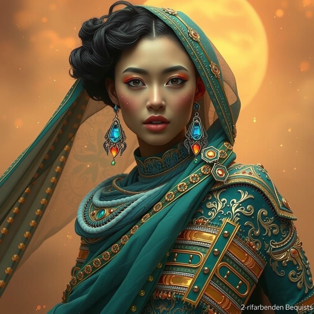 Dazzlingly beautiful woman posing in a hauntingly serene atmosphere, adorned in resplendent intricately ...  by @aixtc