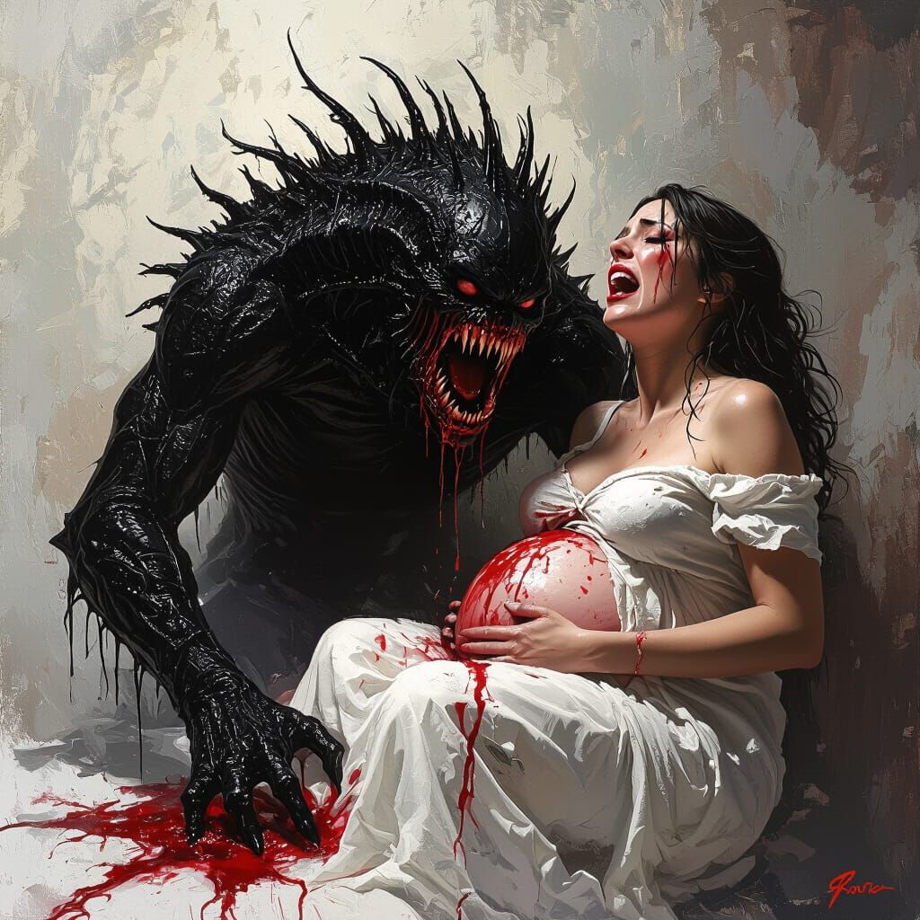 Woman Gives Birth to Black Monster in Dark Fantasy Art