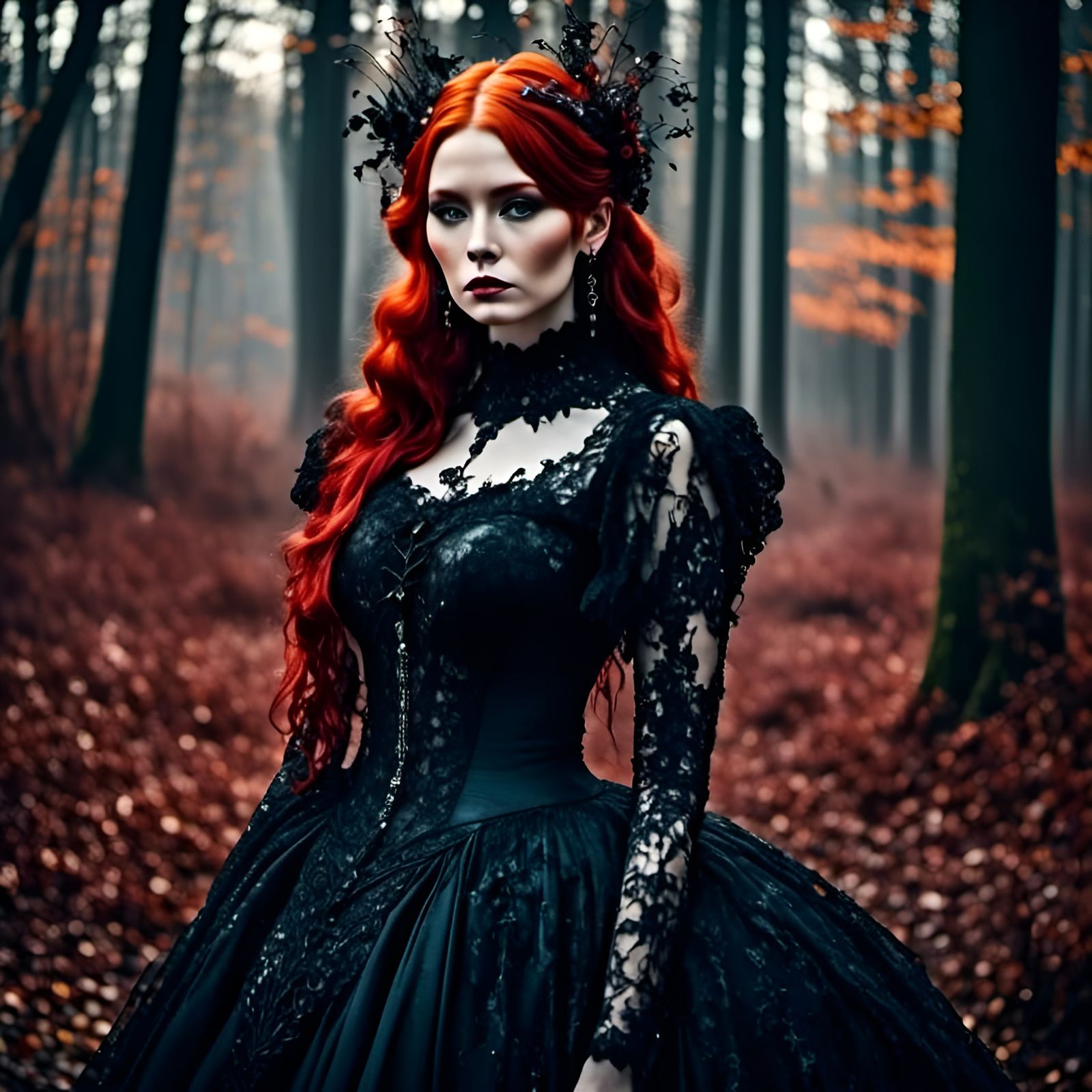 Beautiful gothic redhead in a forest 