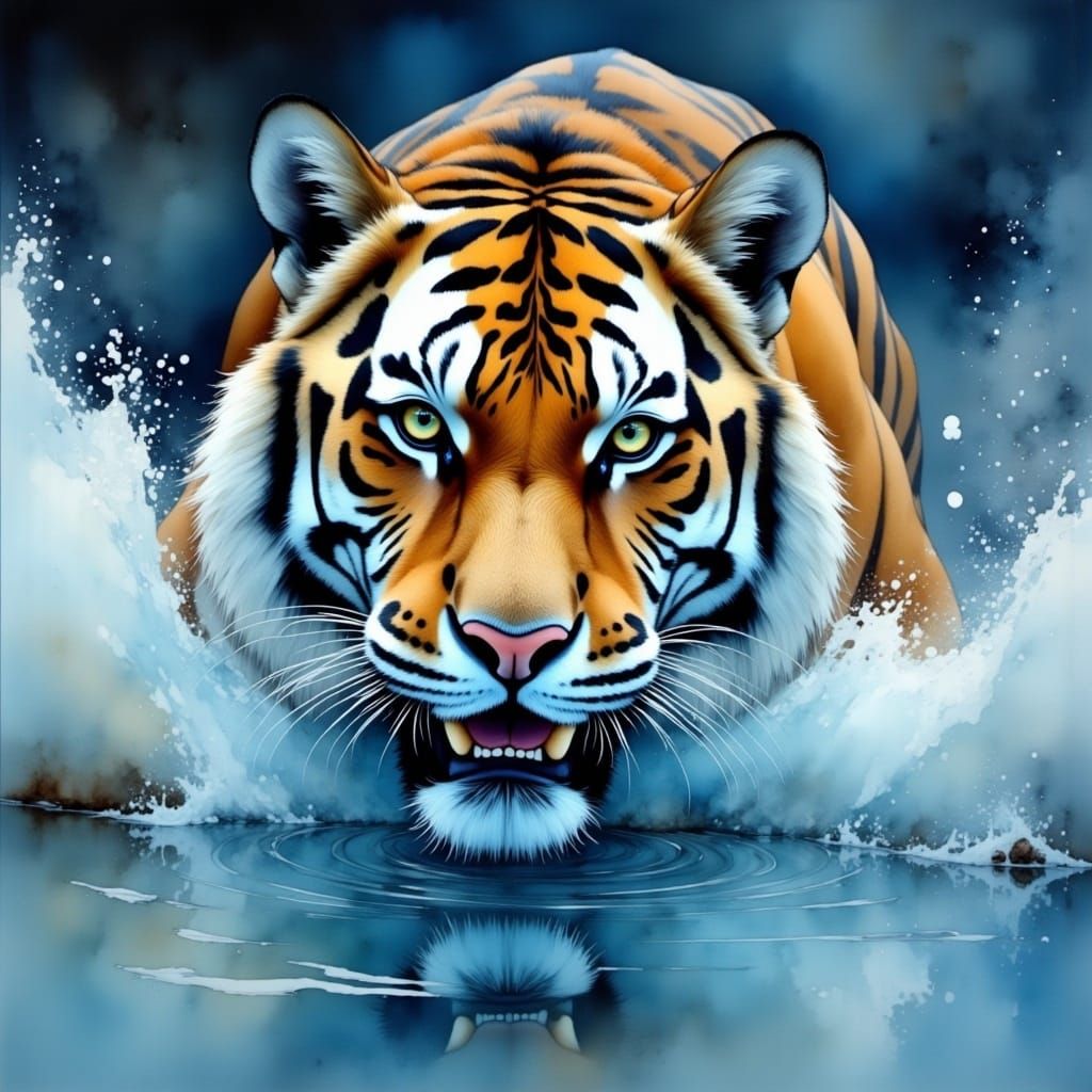 Tiger splashing through water, blue hues <lora:Flux - Painterly:1.0> 