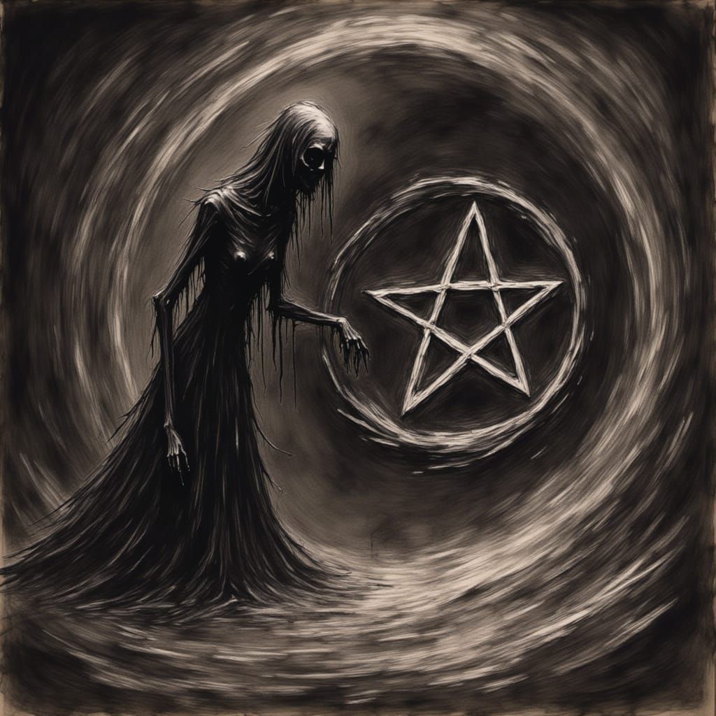 Demonic sorceress draws a psychic pentagram on the portal of doom <lora:PsychixFlux:1.0>
