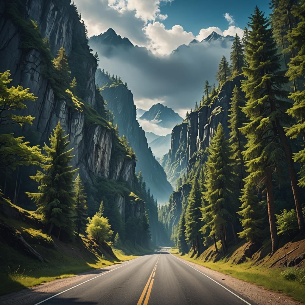 Empty old road behind you are mountains and blue sky  tall t...