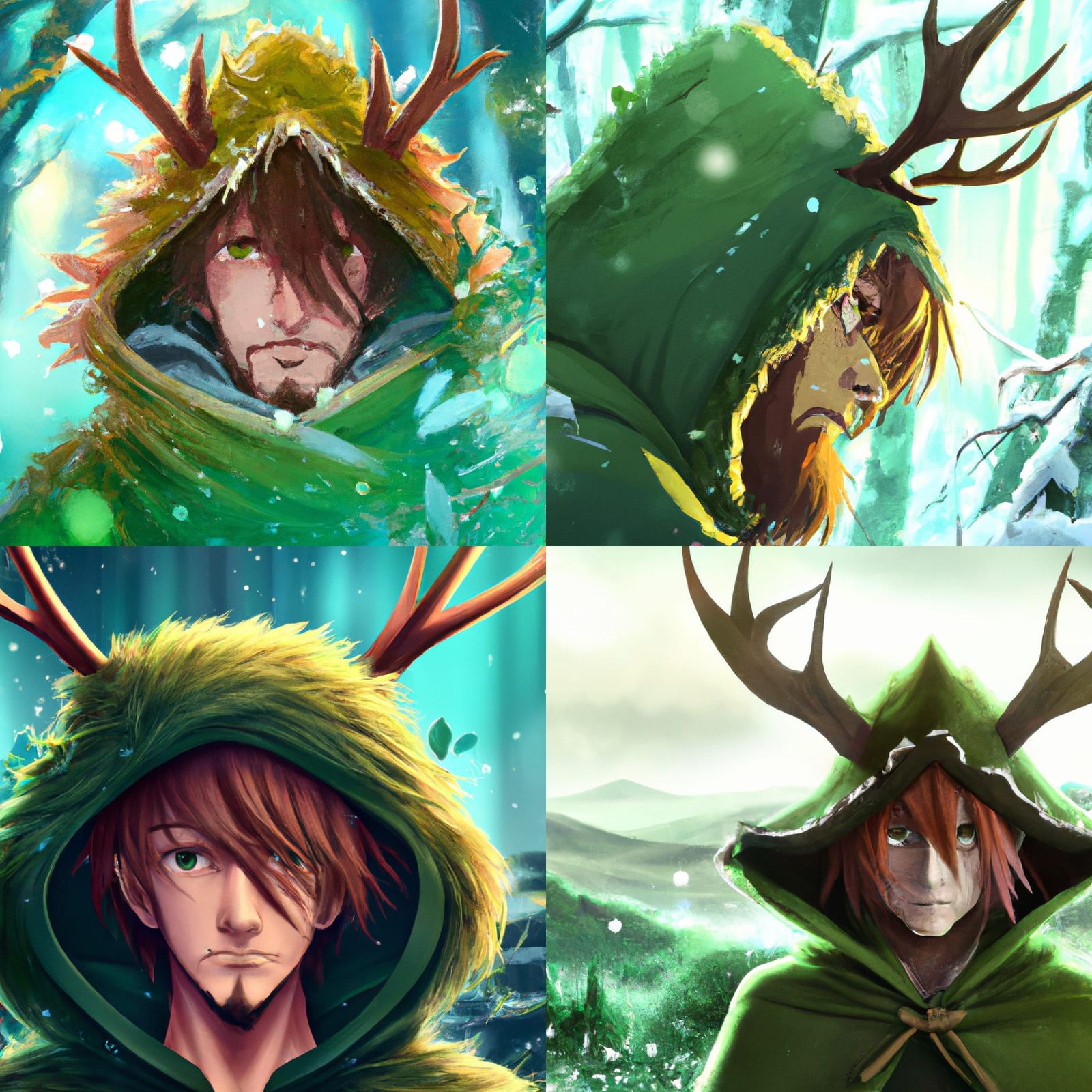 Man with huge ginger beard wearing a green hood with antlers pertruding ...