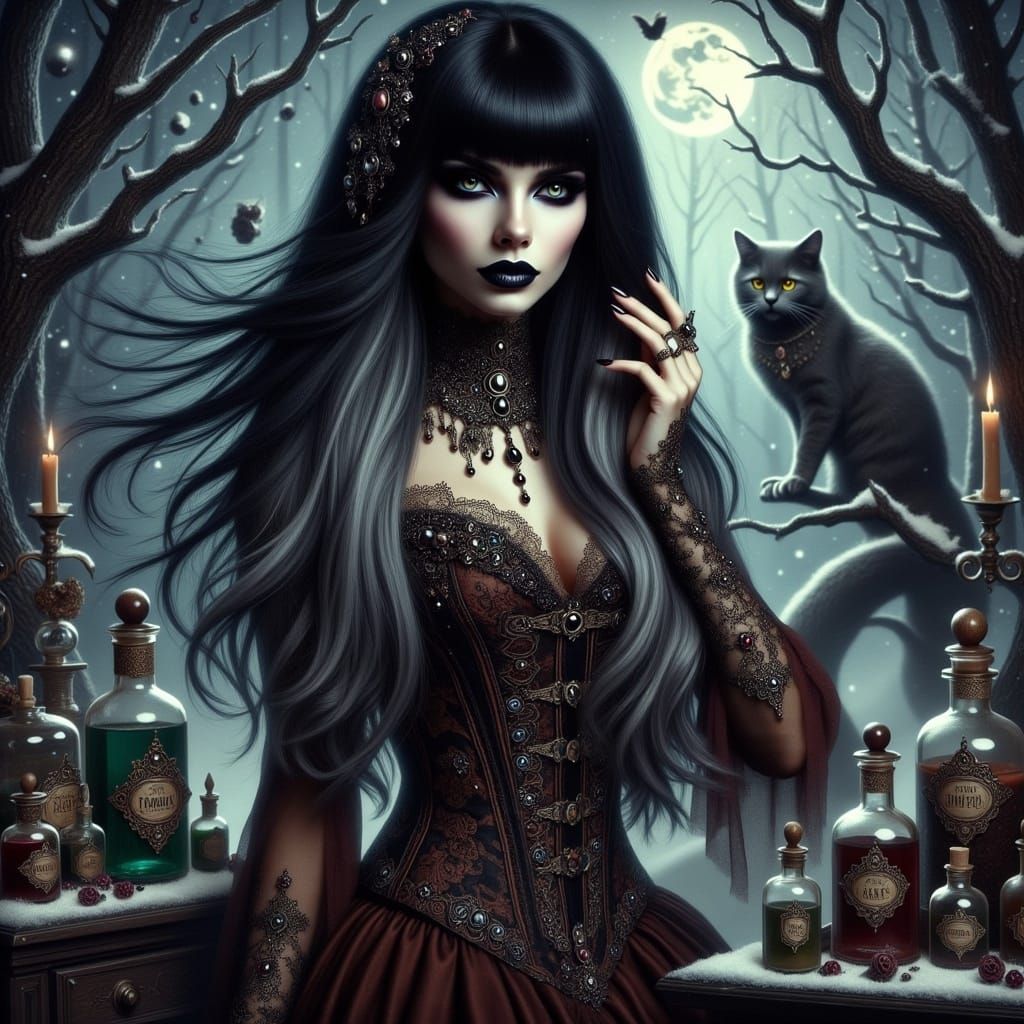 <lora:Gothic witch flux:1.0>