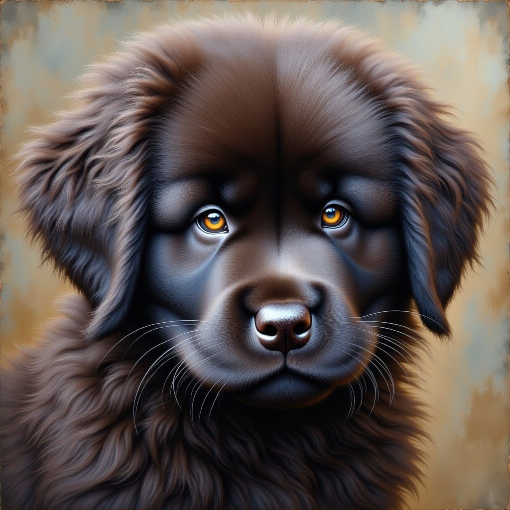 <lora:Oil and Glory Flux:1.0>  Thick textured Impasto. Portrait beautiful Newfoundland puppy with adorable eyes. Heavy Impasto textured fur