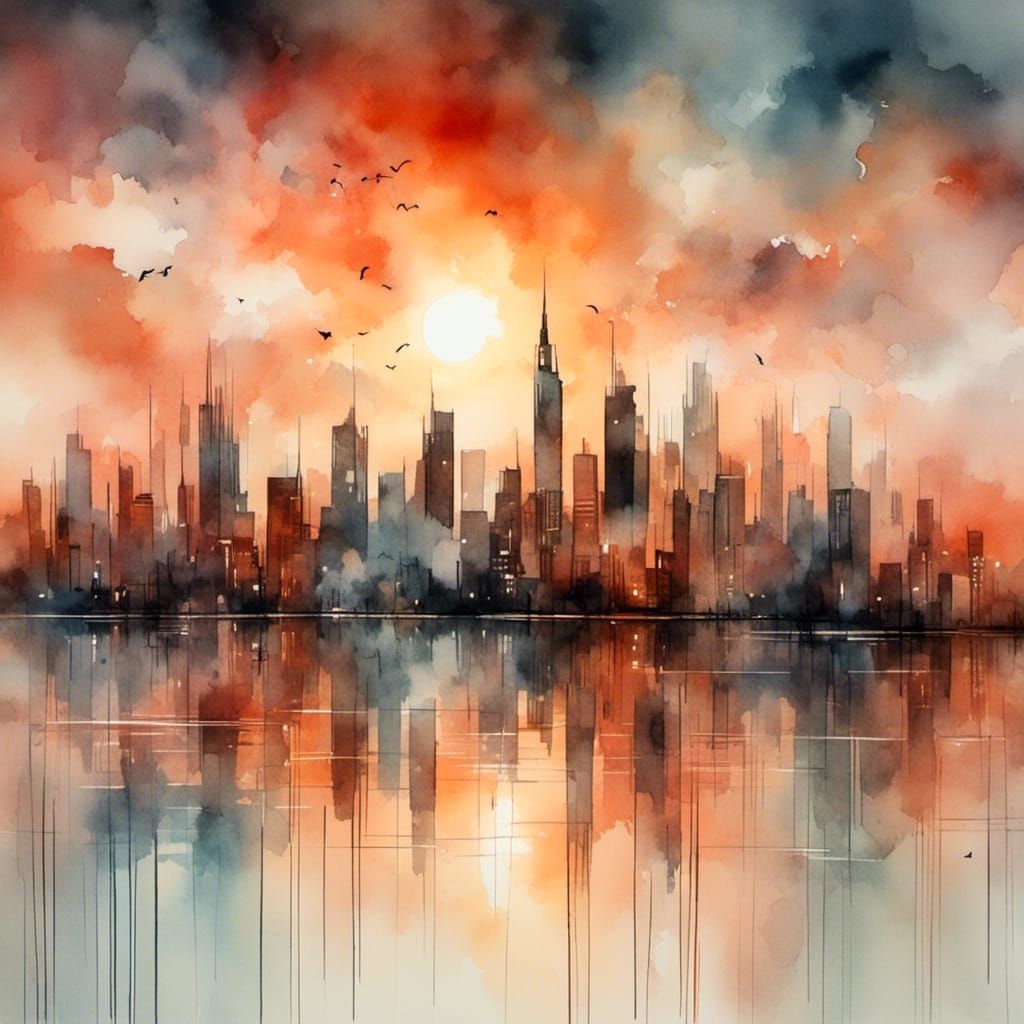 <lora:DreamWash:1.0> City skyline across the water at sunset