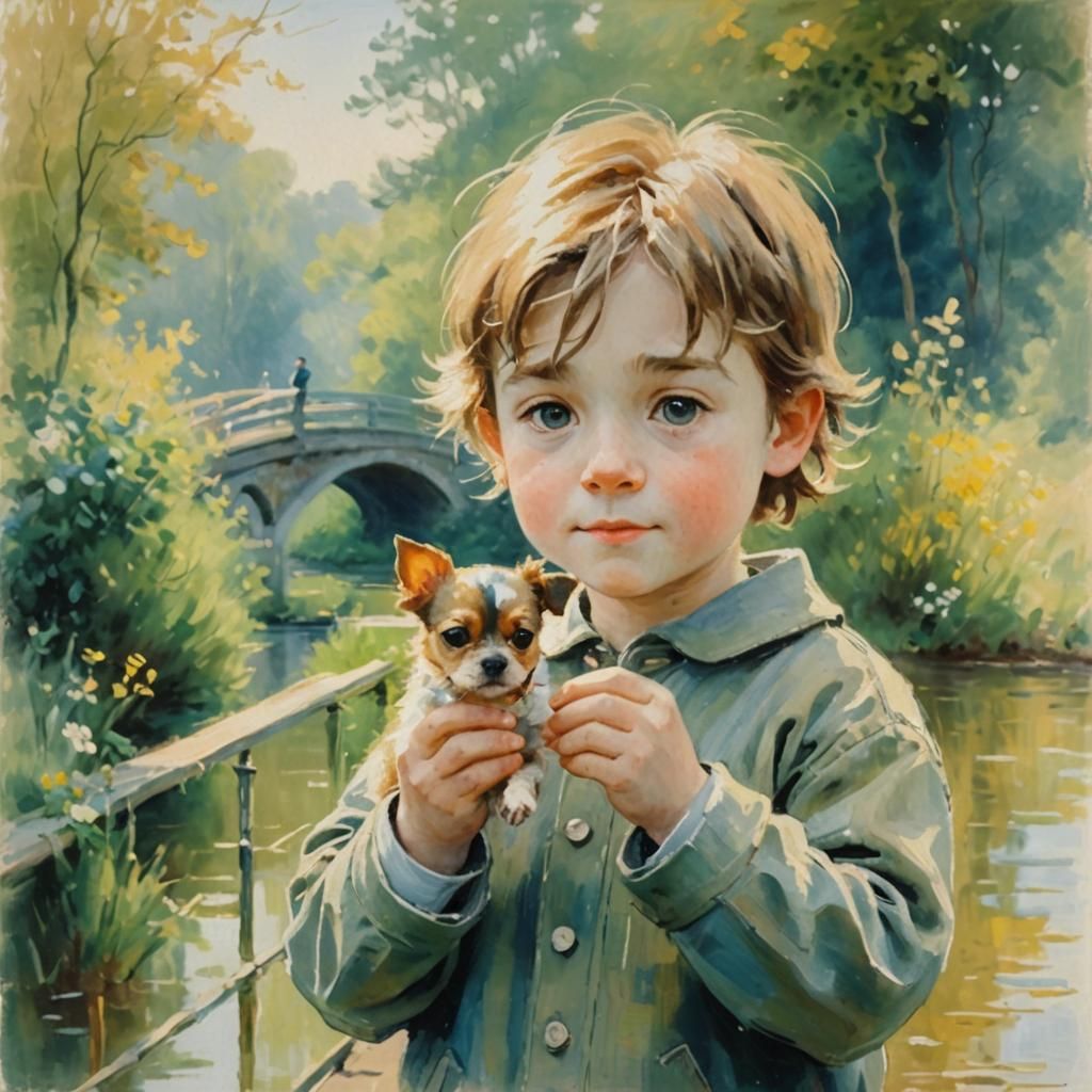 Man and Dog on Bridge in Impressionist Style