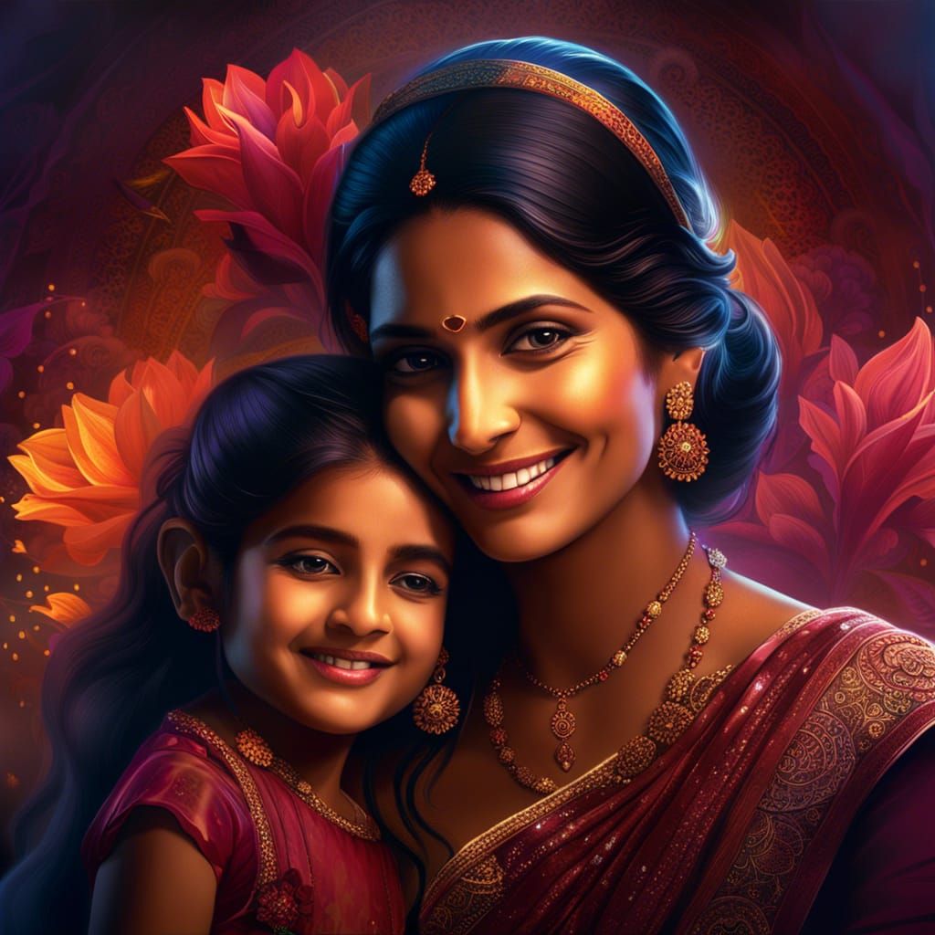 Indian Mother with Daughter - AI Generated Artwork - NightCafe Creator