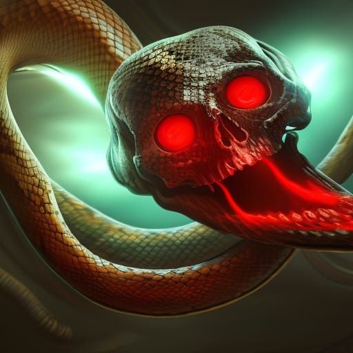 skull with red glowing eyes in snake body