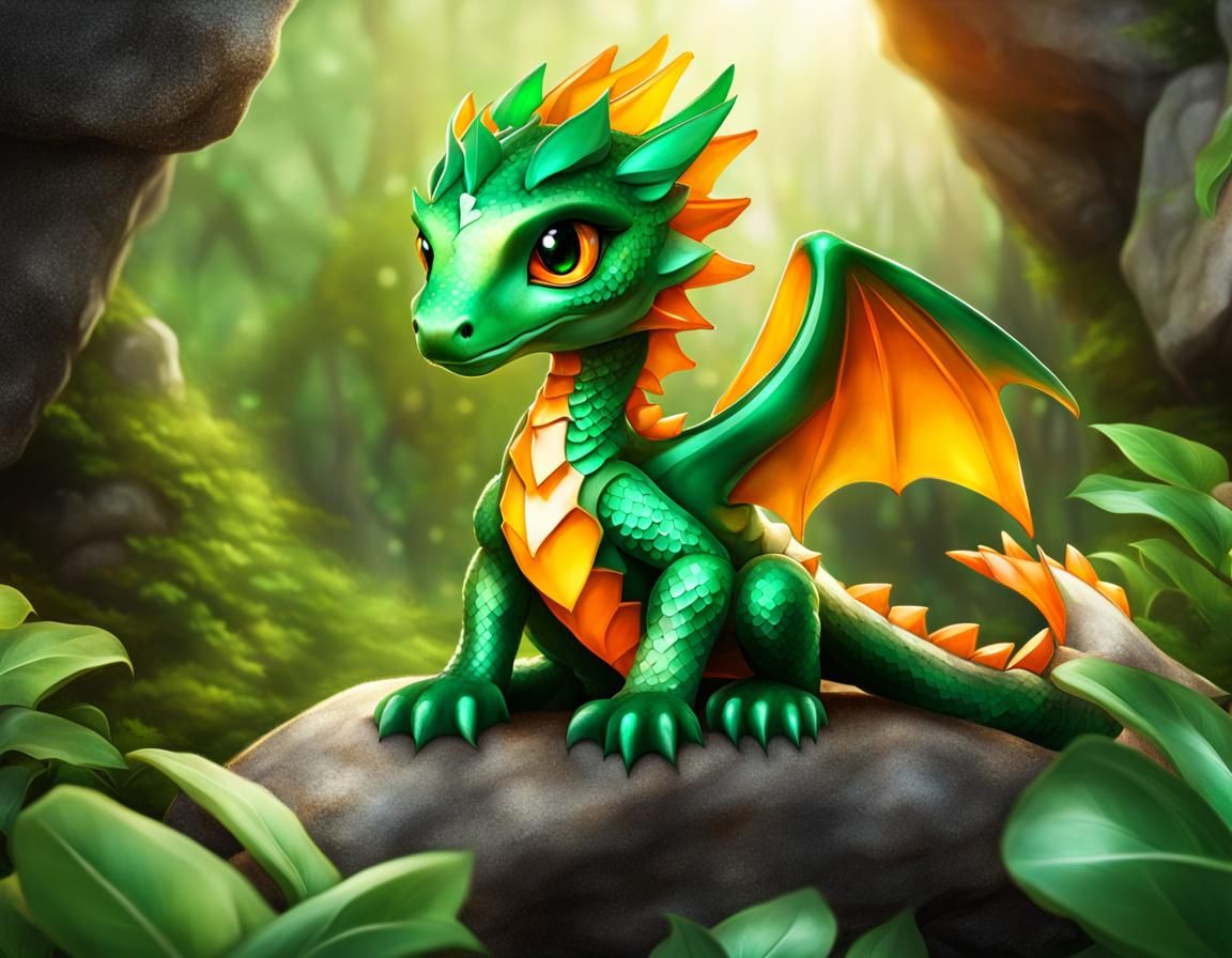 Chibi-style Baby Green Dragon In Cave - Ai Generated Artwork 