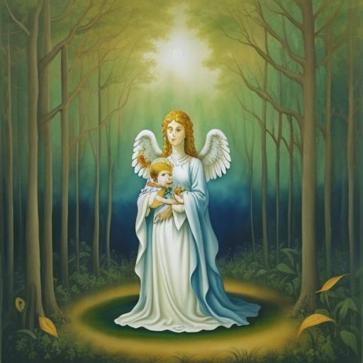 Watercolor Art, angel standing over a sleeping baby lost in ...