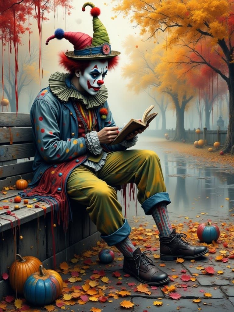 Sad Clown Drawing Autumn Landscape on Park Bench