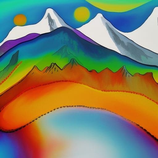 Acrylic ink painting mountains, void, rainbow of colors, sun...